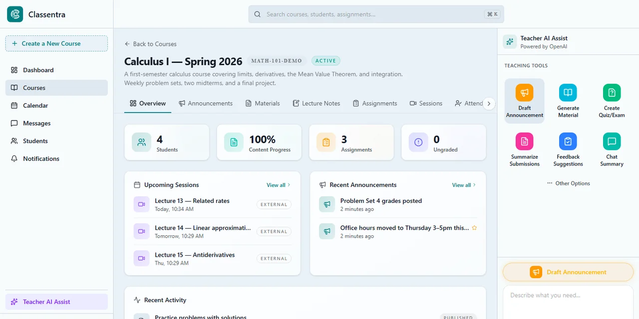 Course workspace on Classentra LMS