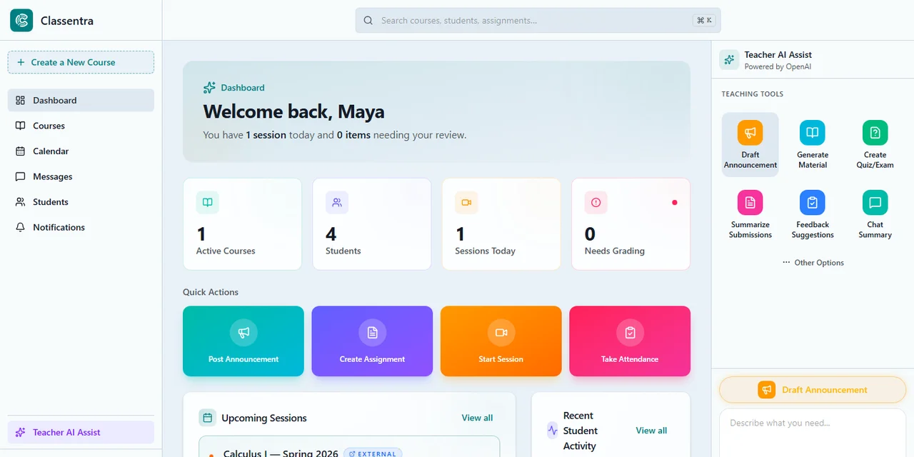 Classentra cloud workspace showing course library, live session controls, and a multi-region status indicator