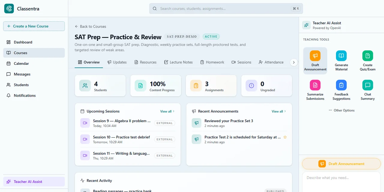 Course workspace on Classentra